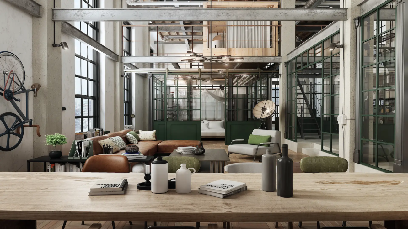 Interior decorado con estilo industrial.