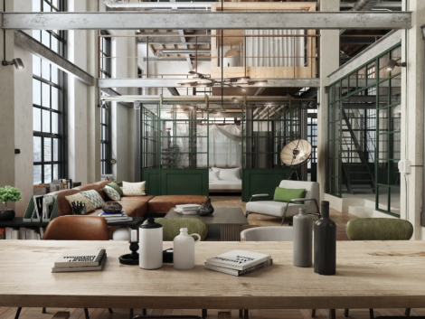 Interior decorado con estilo industrial.