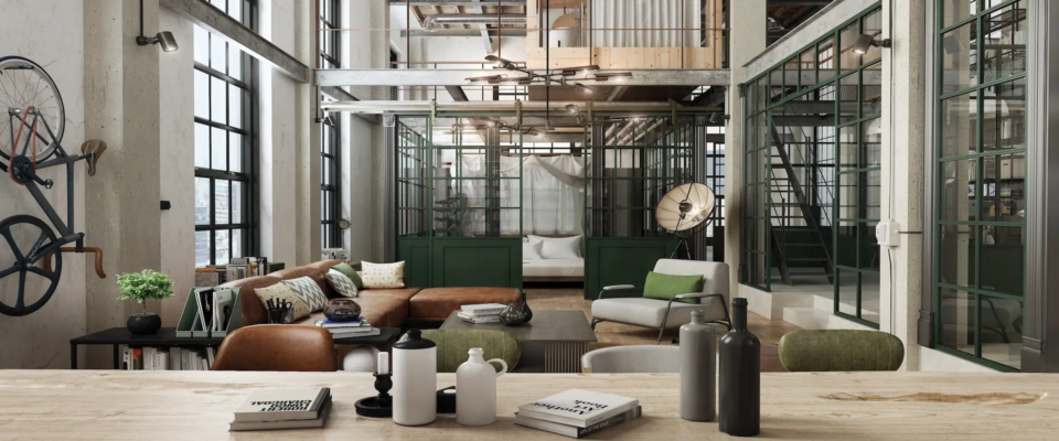 Interior decorado con estilo industrial.